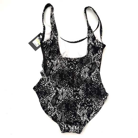 DKNY One Piece Swimsuit Snakeskin Print Mesh Side Panels Ruched Waist Size 4